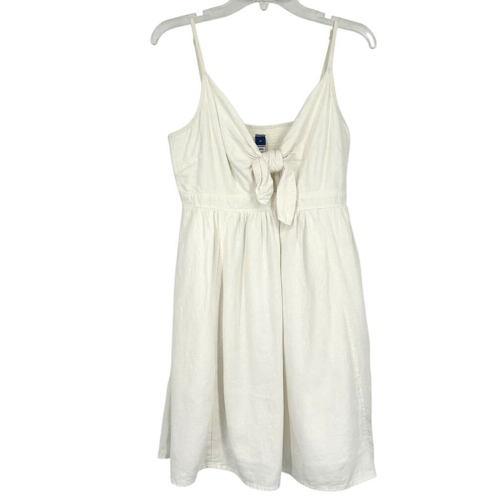 Old Navy Ivory Smocked Mini Dress Tie Front Sleeveless Pockets Cottage Size M
